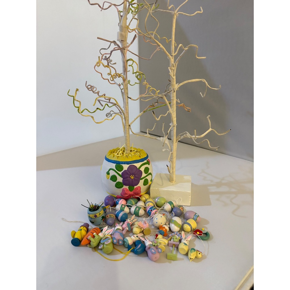 2 Easter Egg Trees with 36‎ Wooden Ornaments Spring Decor Rabbits Ducks Chicks - Picture 7 of 9